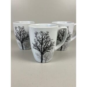 Corelle Coordinates TIMBER SHADOWS Porcelain Tree Coffee Tea Mugs White Set of 3